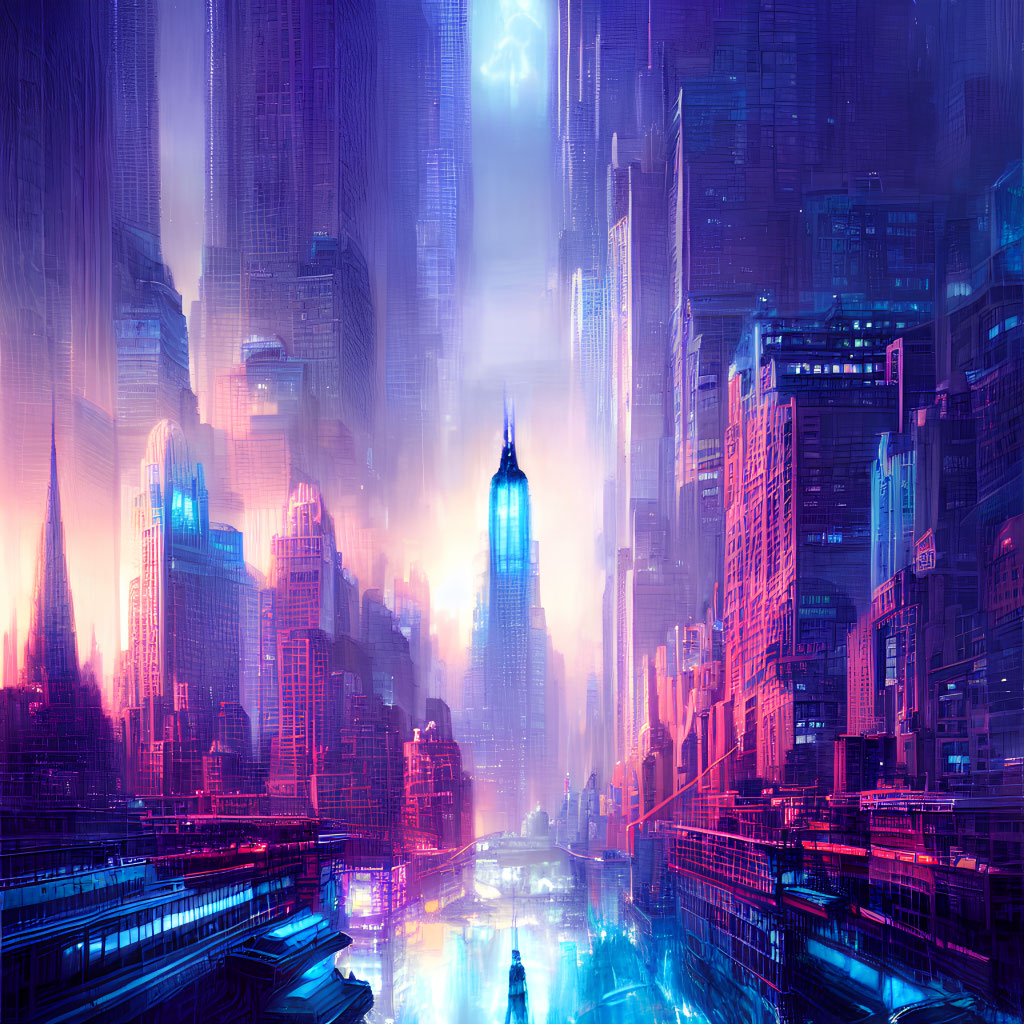 Vibrant futuristic cityscape with neon lights and skyscrapers