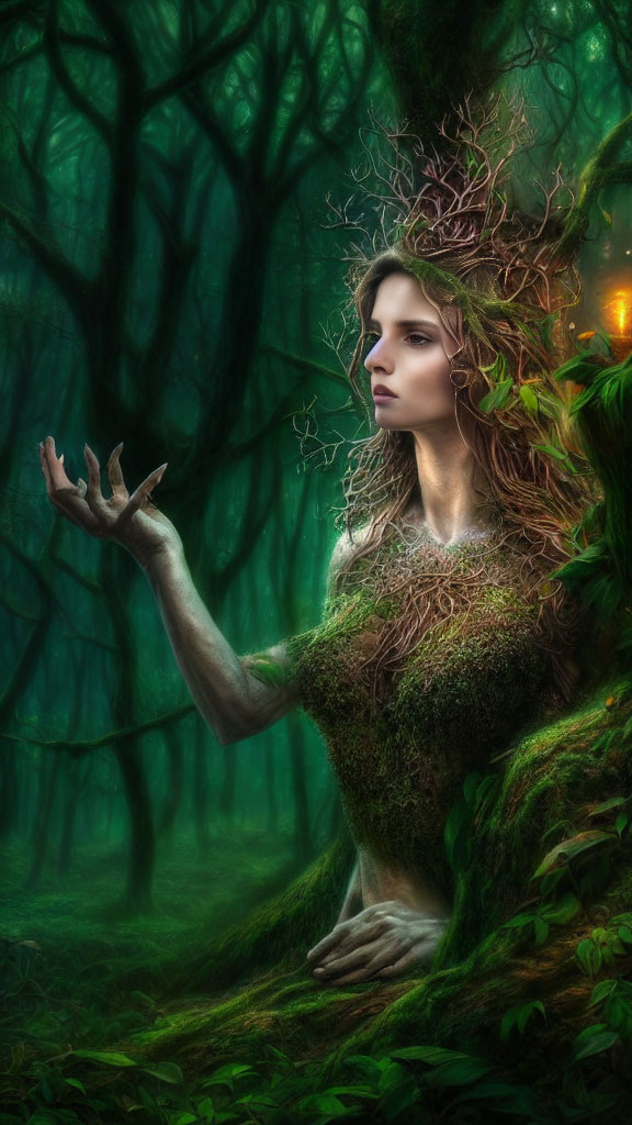Forest Spirit Woman with Branches and Moss in Ethereal Woodland