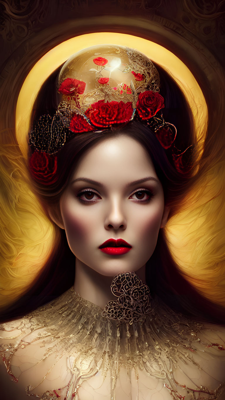 Woman with dark hair and striking makeup in regal headpiece with red flowers.