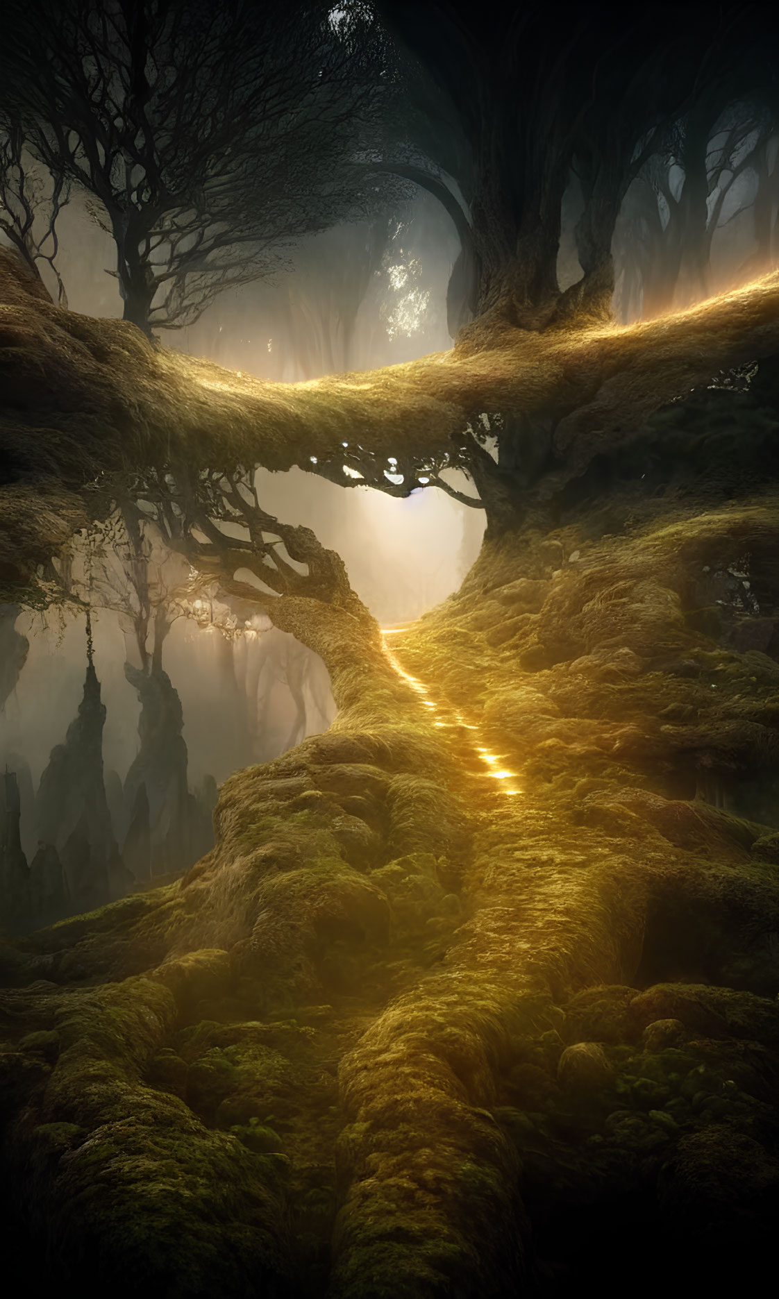 Mystical forest scene with glowing path, tranquil water, and fog