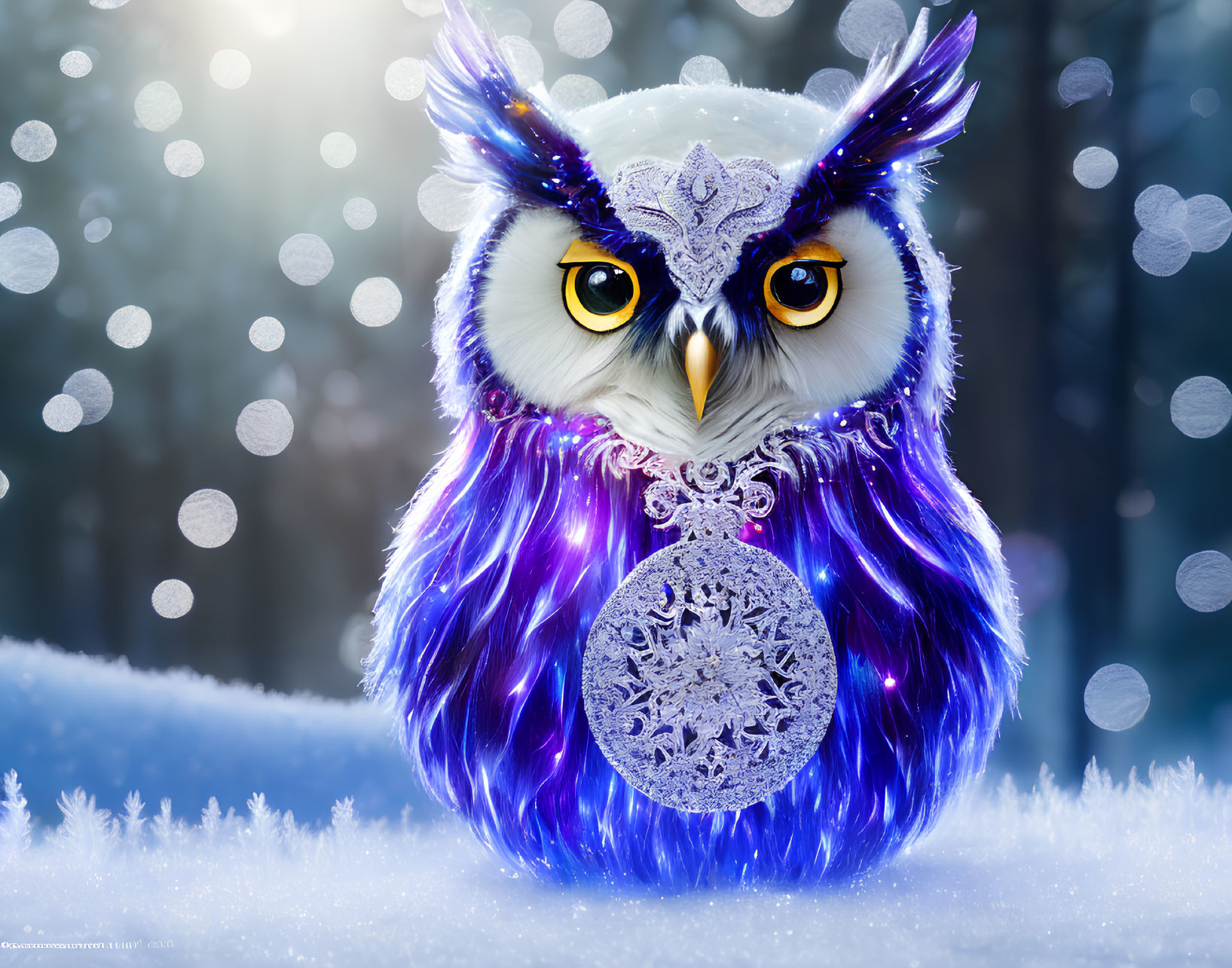 Colorful Stylized Owl Illustration in Snowy Scene