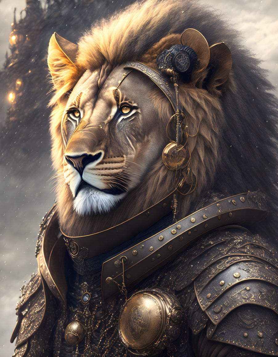 Anthropomorphic lion in medieval armor with ornate jewelry.