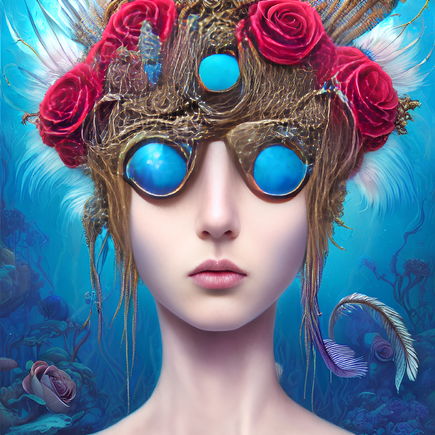 Fantastical underwater portrait of a female figure with crown of roses and feathers