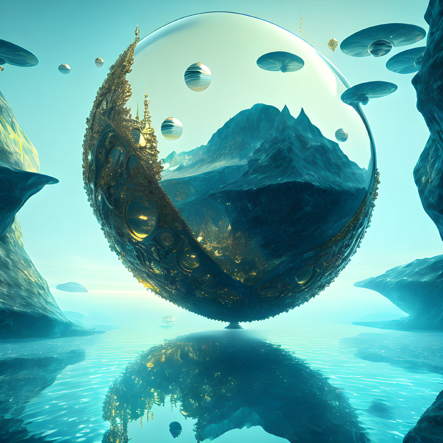 Surreal landscape with floating ornate spheres over mountain reflection