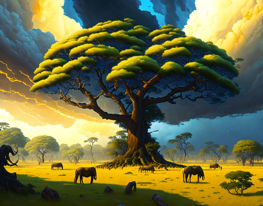 Majestic tree with lush canopy in savannah landscape with grazing elephants