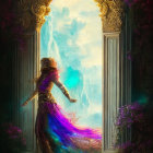 Person in Purple Dress Standing in Ornate Doorway Surrounded by Greenery and Light