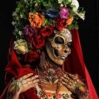 Golden mask and red cloak with flower headdress and jewelry on black background