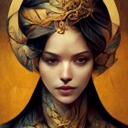 Digital portrait of woman with dark hair in gold headpiece and neckpiece with floral designs on warm-ton