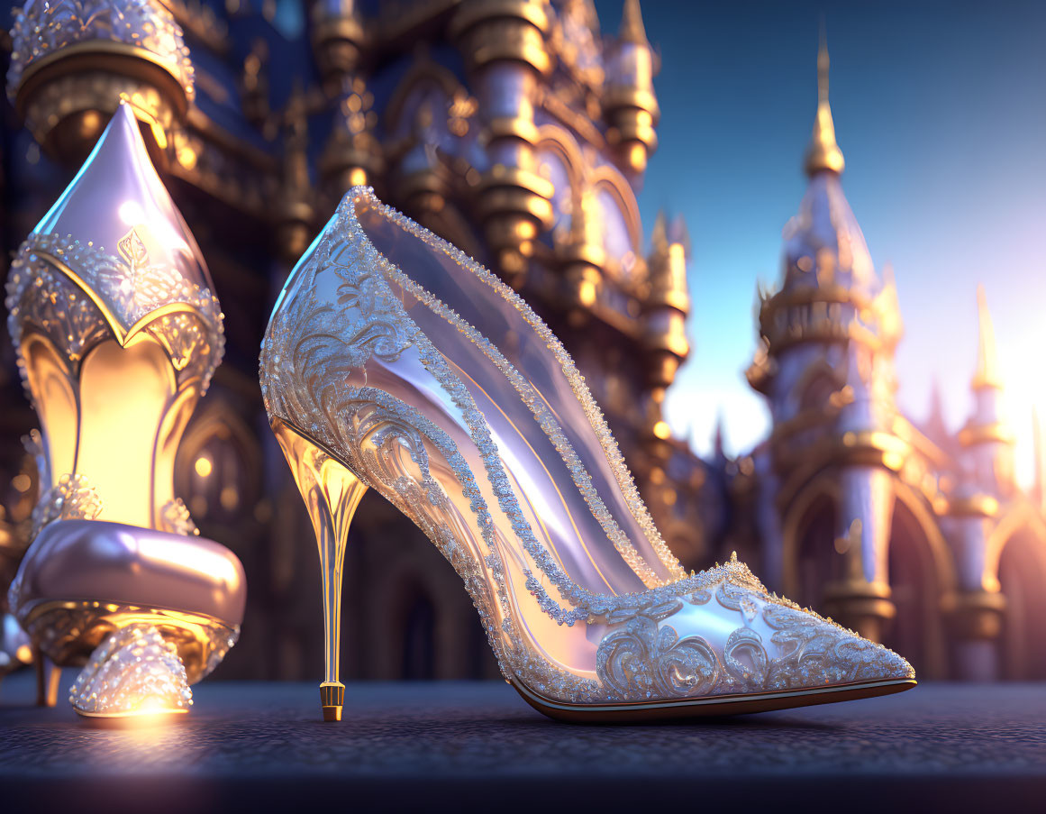 Sparkling glass slipper on cobblestone with baroque-style buildings at dusk
