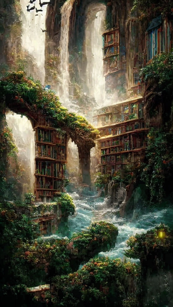 Mystical library on waterfall cliff with carved bookshelves & bridges