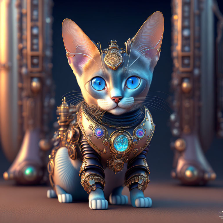 Detailed 3D Steampunk Cat Illustration with Brass Textures and Gears
