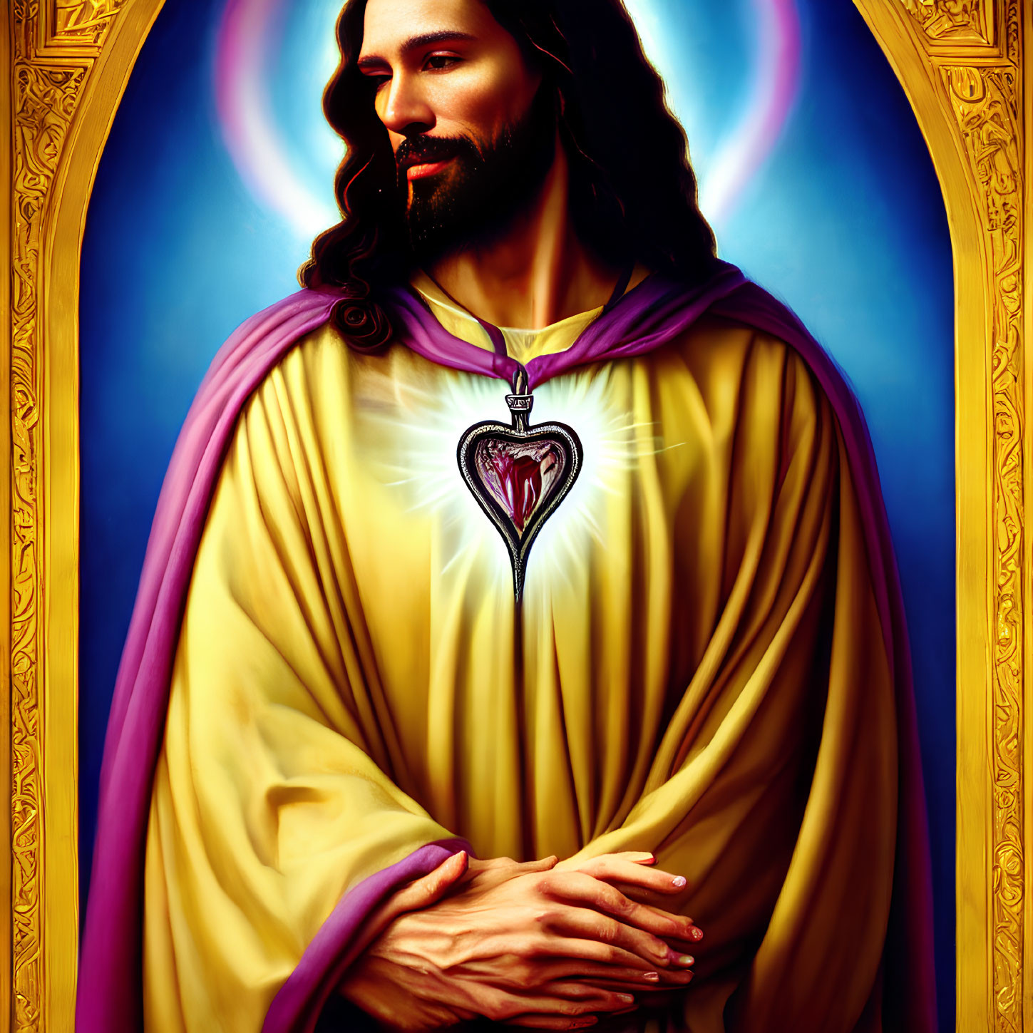 Vibrant religious illustration with heart symbol, yellow and purple robes on figure, set against blue orn