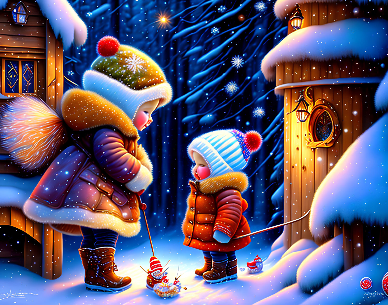 Children in winter clothing by warmly lit house in snowy scene