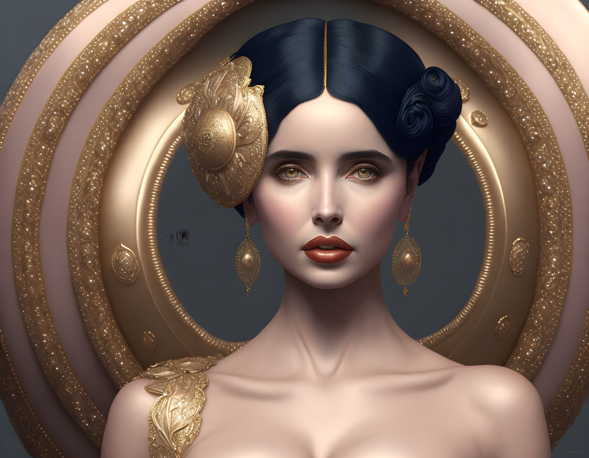 Portrait of woman with blue-black hair in rolled style, gold accessories, earrings, set against circular golden