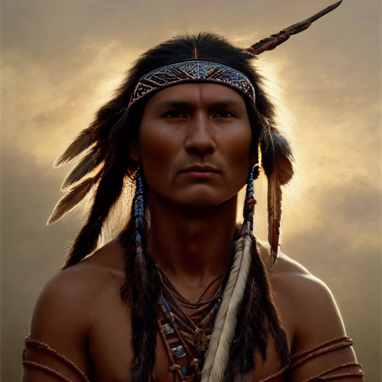 Traditional Native American Man in Feathered Headdress Portrait on Golden Background
