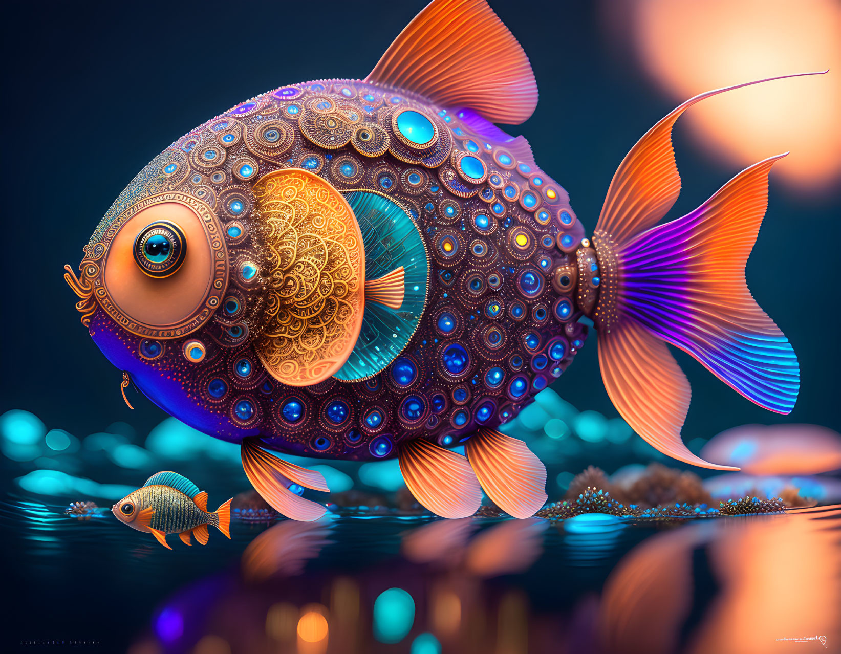 Stylized ornate fish with intricate patterns in blue underwater scene