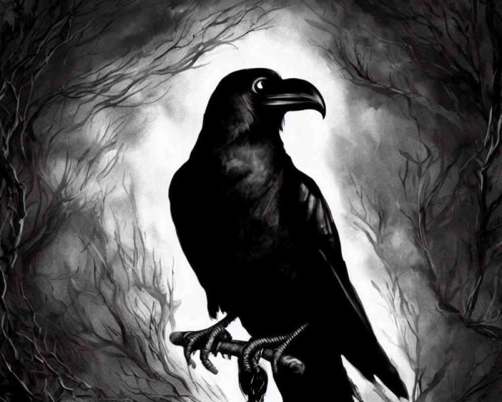 Monochrome illustration: Raven perched among twisted trees in misty background
