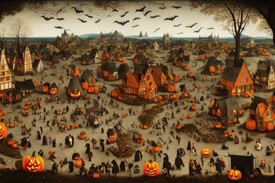 Village Halloween scene with costumes, jack-o'-lanterns, trees, and bats