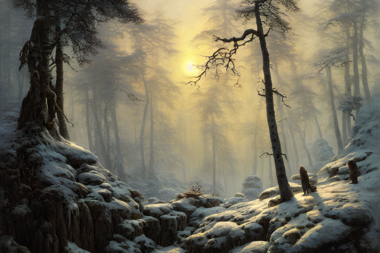 Snowy Forest Scene: Sunlight Through Fog, Tall Trees, Snow-Covered Ground
