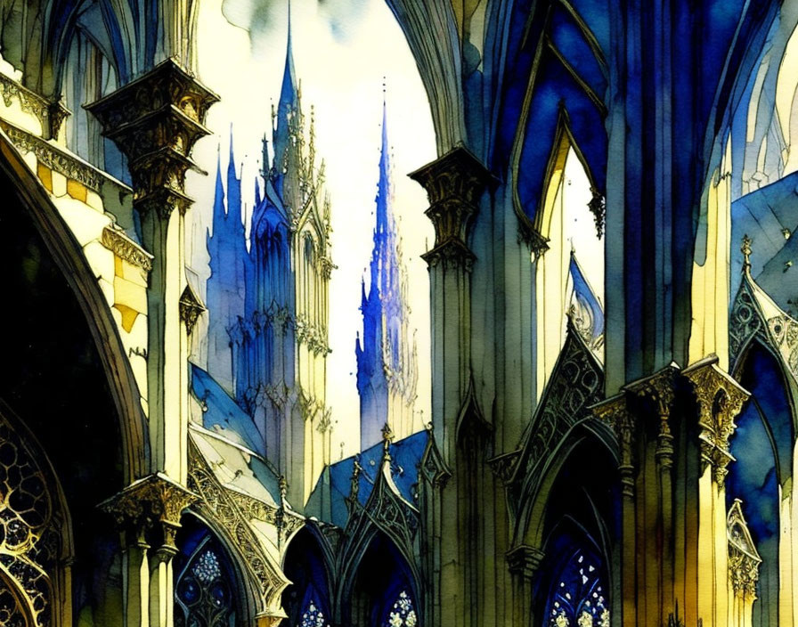 Detailed Watercolor Painting of Gothic Cathedral Interior