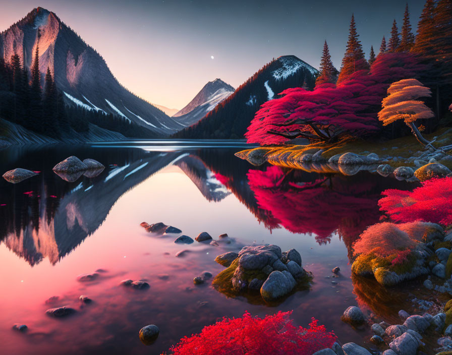 Tranquil lake with pink trees, mountains, twilight sky