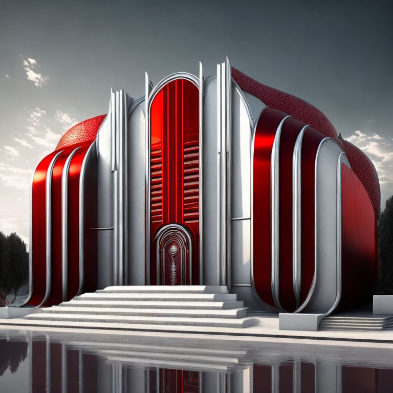 Futuristic red and silver building with sleek curves and central entrance reflected in water