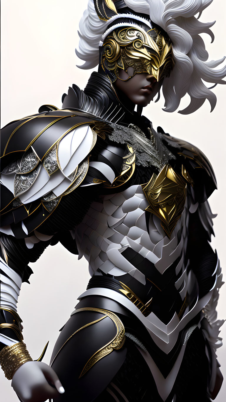 Digital artwork: Person in black and gold armor with feathered helmet and golden mask