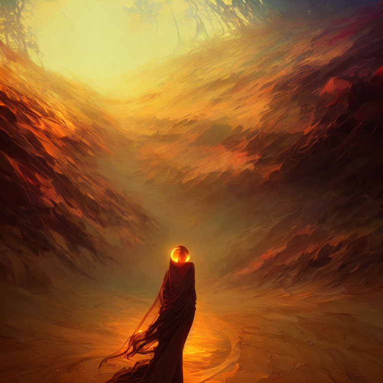 Mysterious figure with glowing orb in fiery landscape under swirling sky
