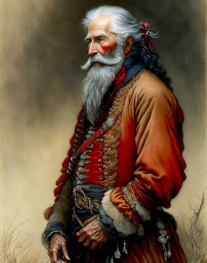 Elderly man in Native American attire with white beard