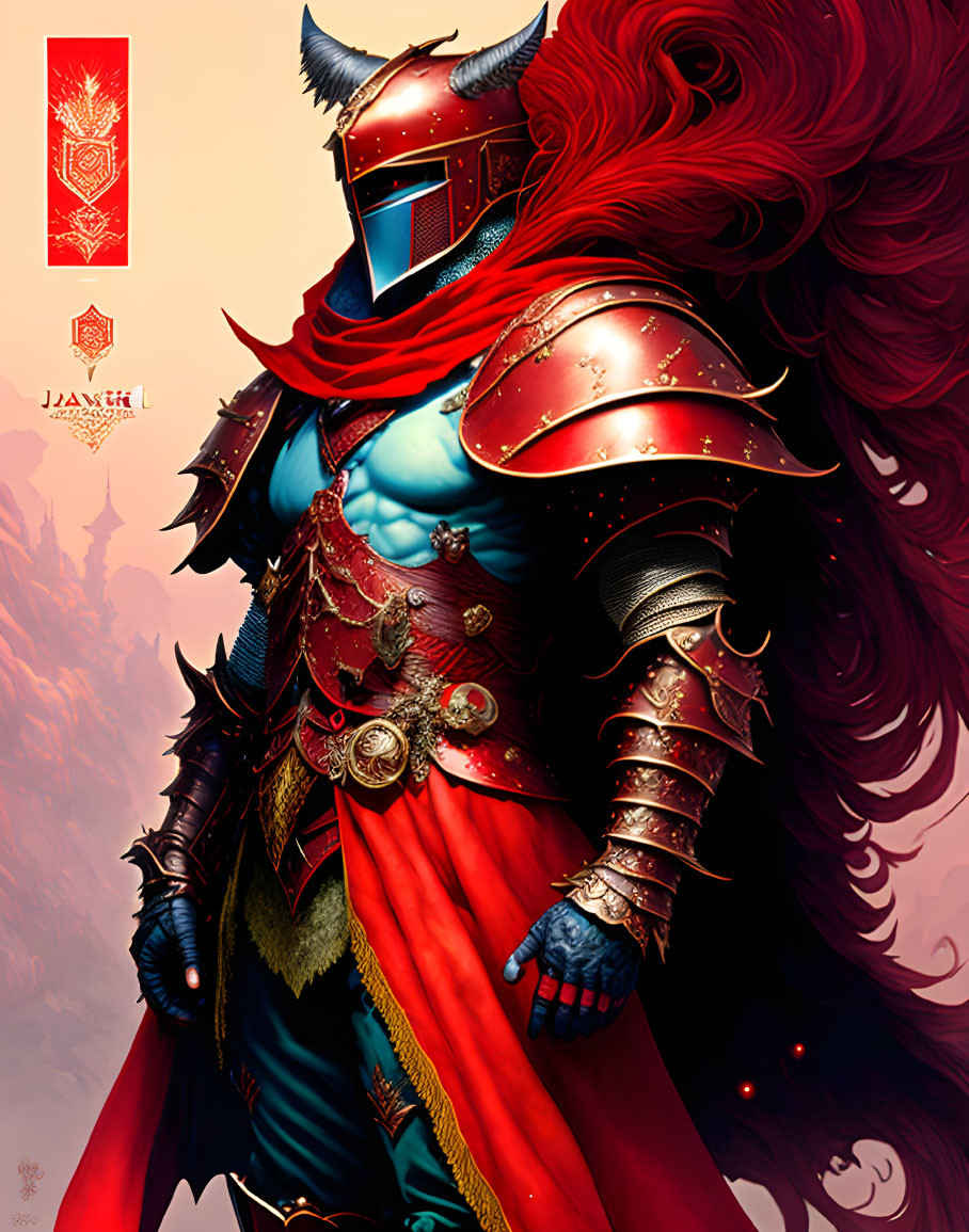 Warrior illustration in red and blue armor with horned helmet on red backdrop