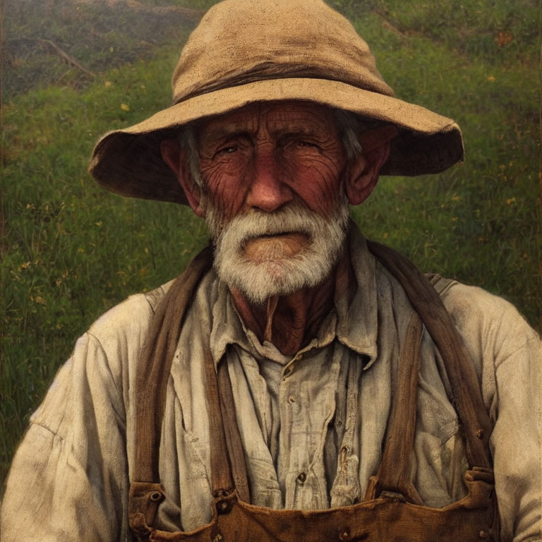Elderly man with weathered face and white beard in wide-brimmed hat and overalls