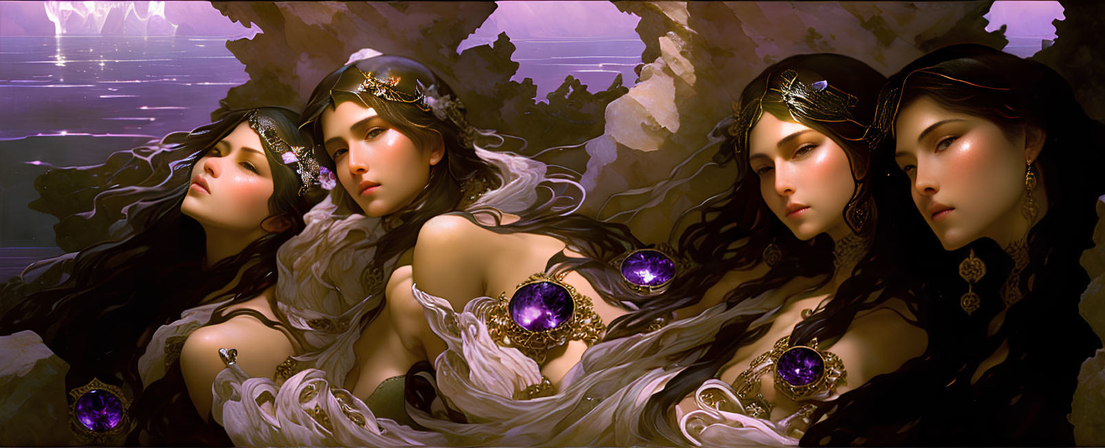 Ethereal women with dark hair and gemstone jewelry in twilight seascape