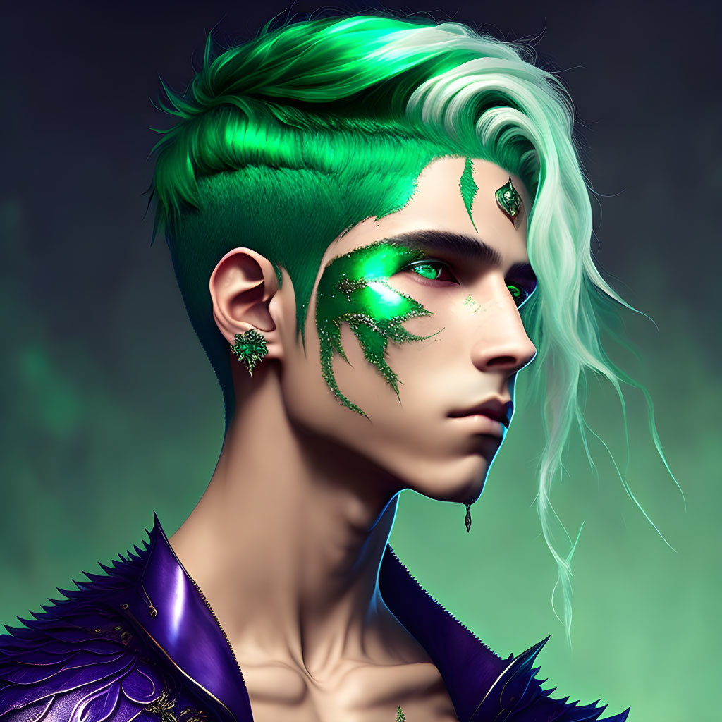 Digital portrait of person with green hair and facial adornments on green background