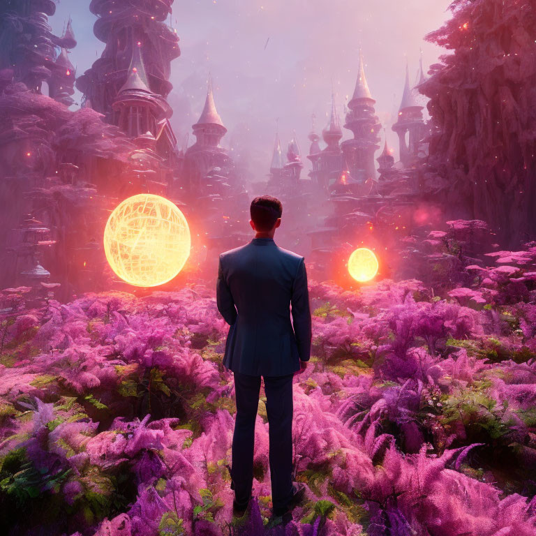 Man in suit observes surreal landscape with pink foliage and glowing orbs in hazy setting