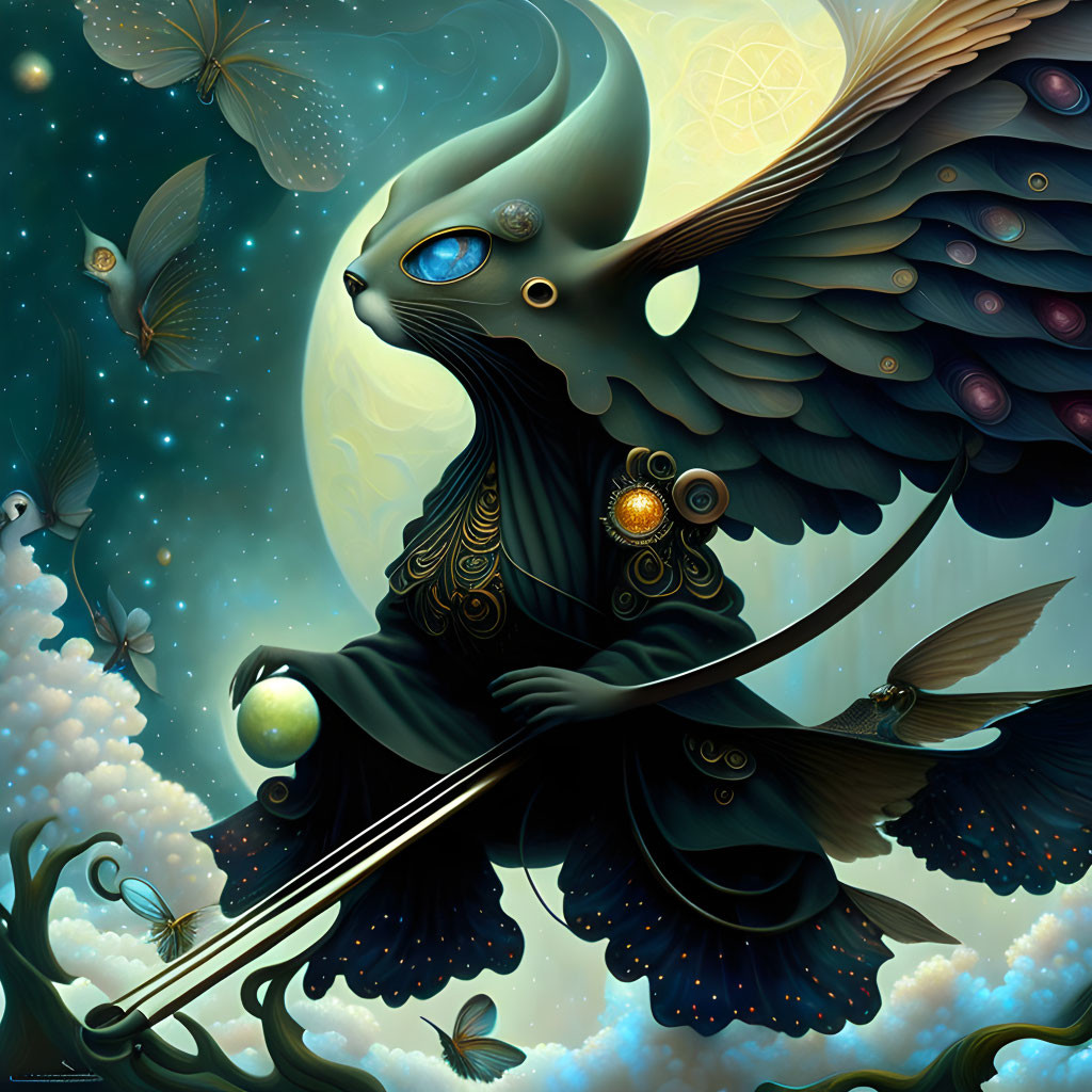 Horned creature with wand in celestial setting surrounded by butterflies