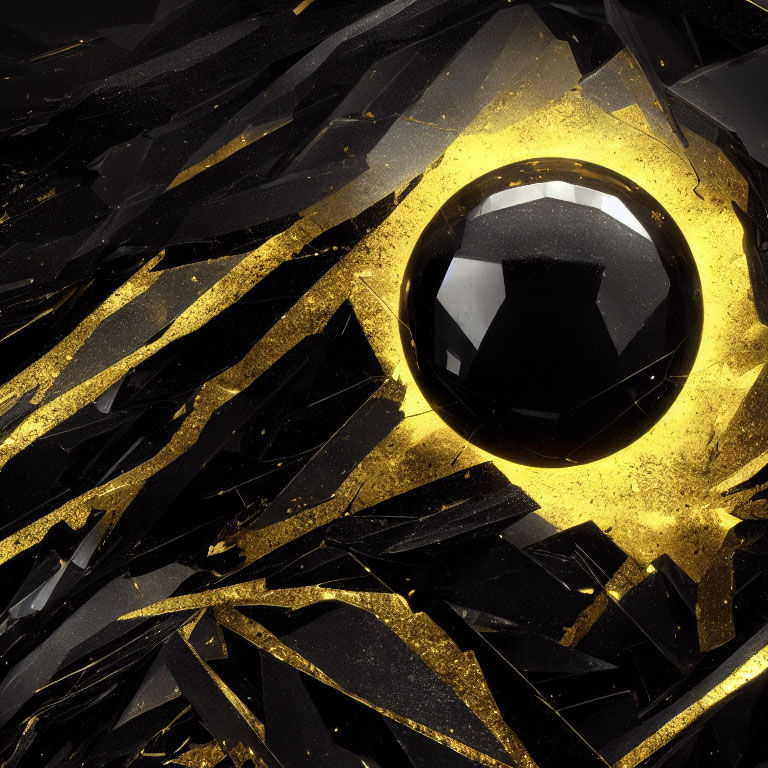 Luxurious Black Sphere Surrounded by Gold and Black Angular Shards