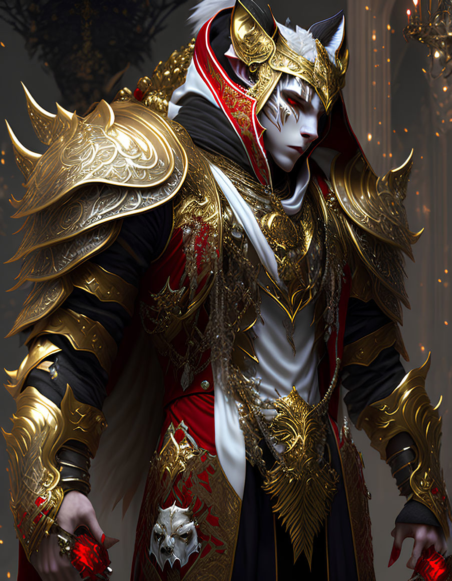 Regal figure in golden armor with wolf-like features and red accents