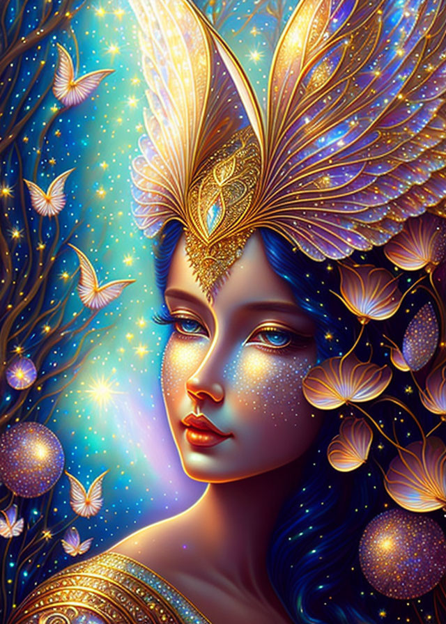 Fantastical woman with golden headdress and glowing butterflies in night sky