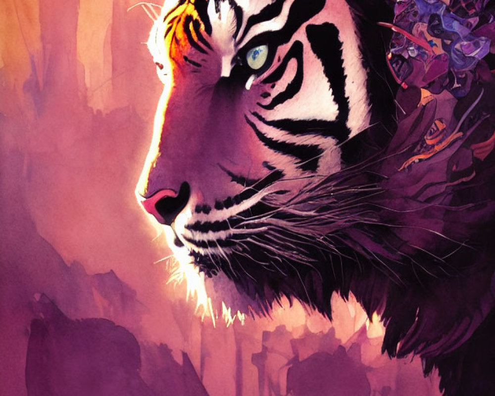 Detailed Tiger Head Illustration on Pinkish-Purple Background