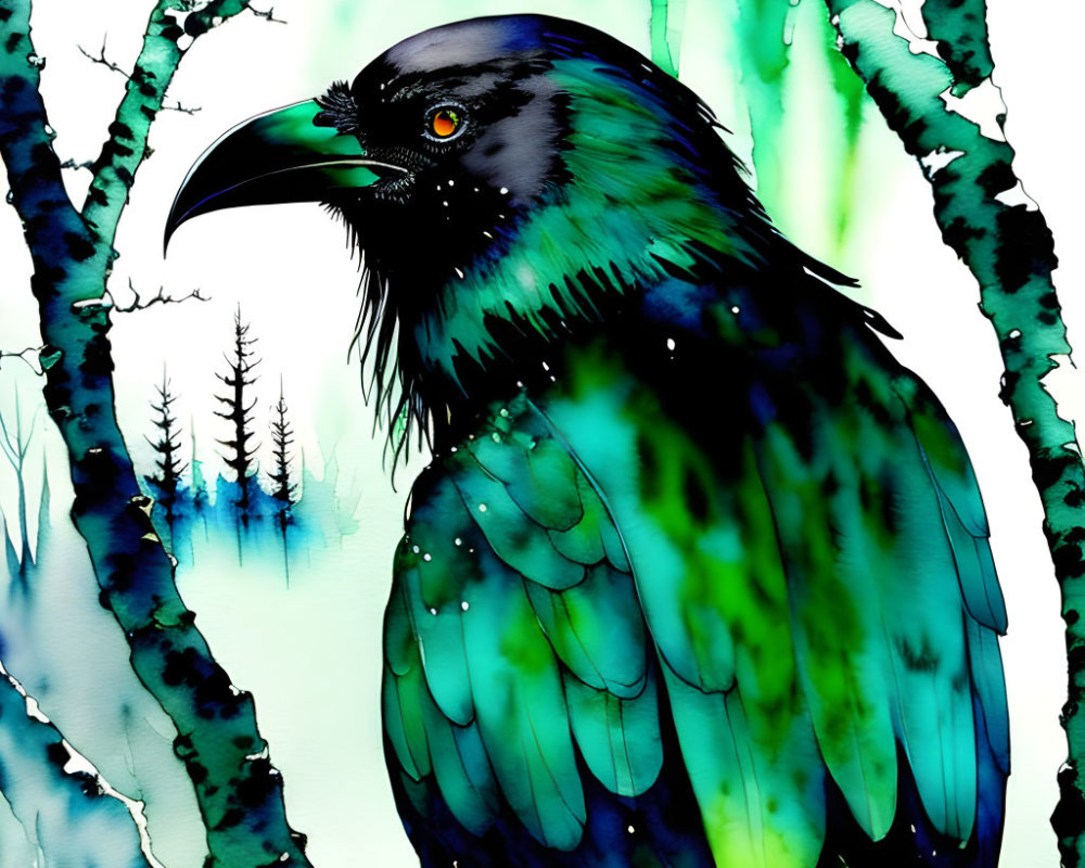 Colorful Raven Illustration on Branch with Forest Background