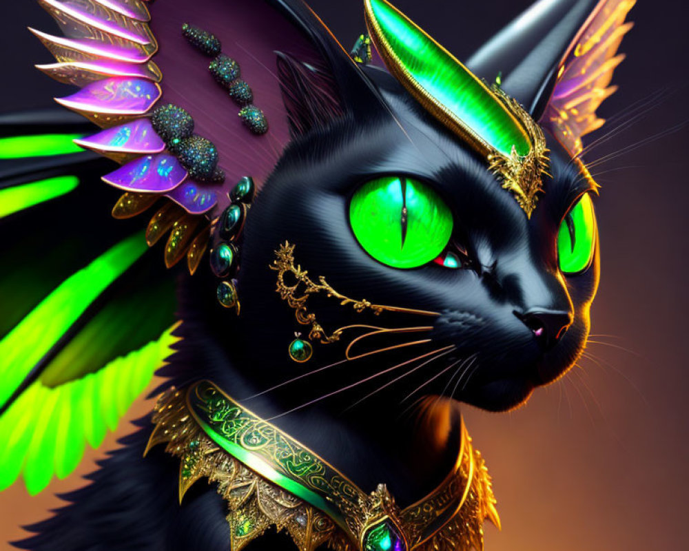 Fantastical black cat with green eyes, golden jewelry, and iridescent wings
