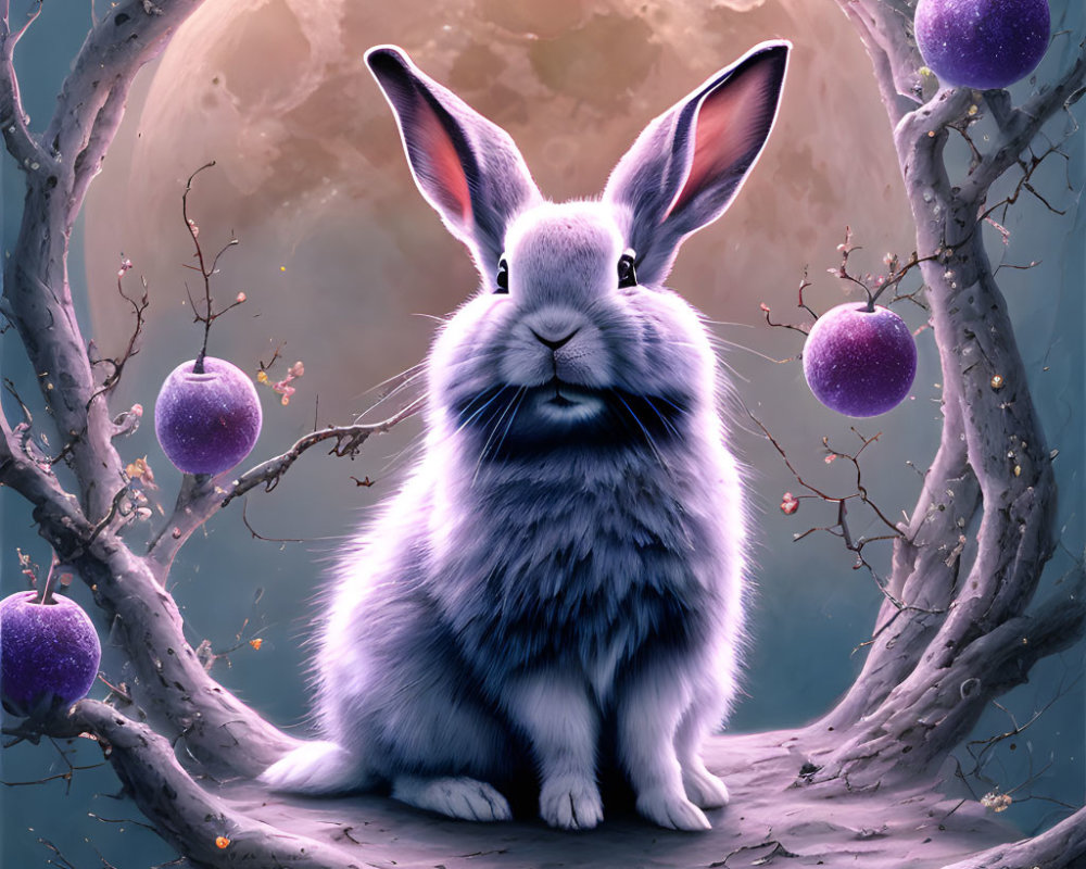 Whimsical illustration of white and grey rabbit on gnarled tree branch under large moon