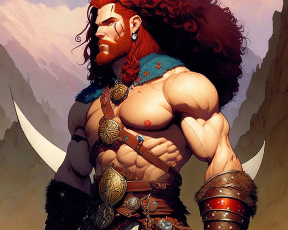 Red-Haired Warrior in Fur and Armor Stands Strong Against Mountains