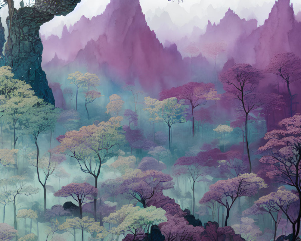 Misty forest illustration with purple, indigo, and teal hues