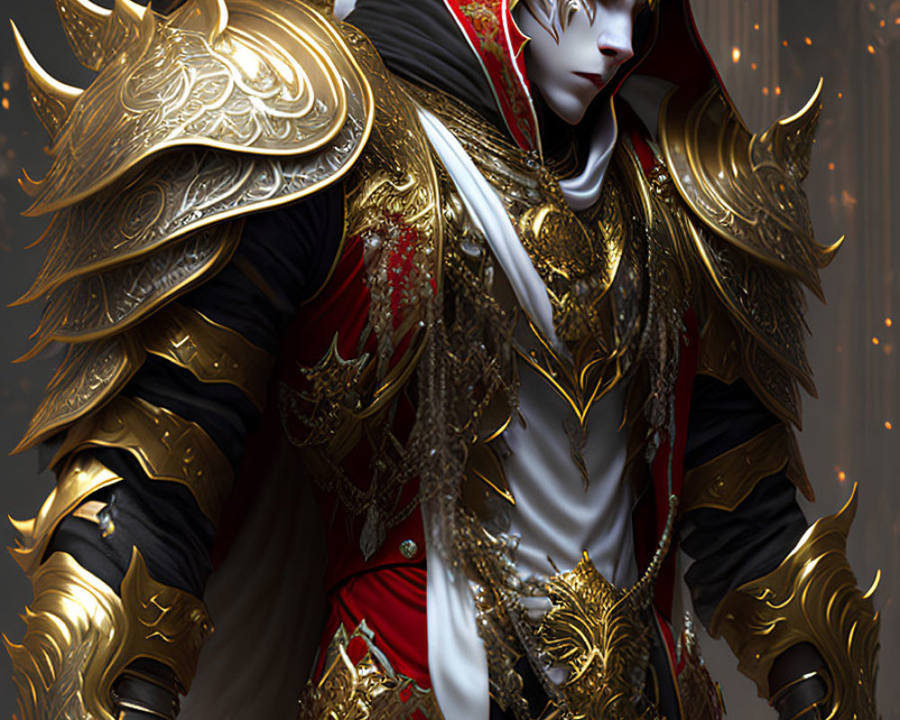 Regal figure in golden armor with wolf-like features and red accents