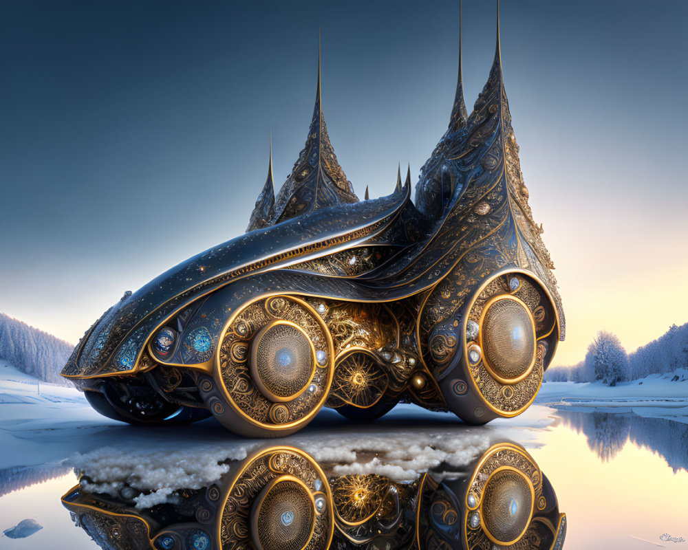 Ornate futuristic vehicle by tranquil winter landscape