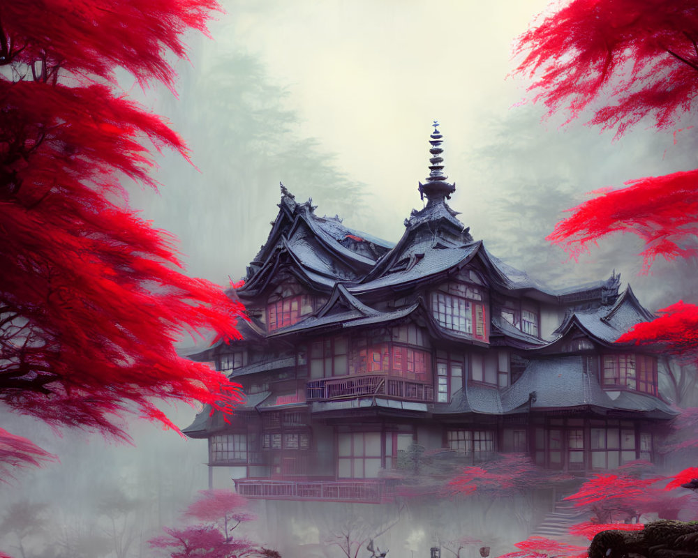 Traditional Japanese Pagoda in Misty Landscape with Red Trees