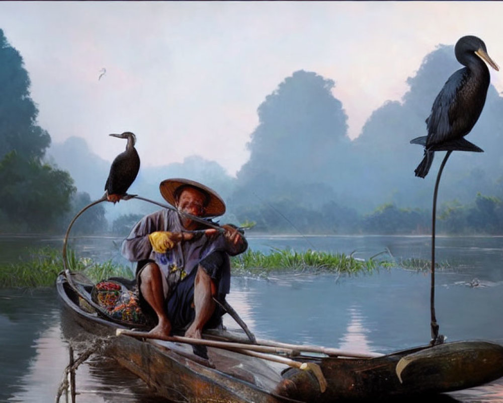 Person in hat paddles canoe with birds on serene river at dawn or dusk