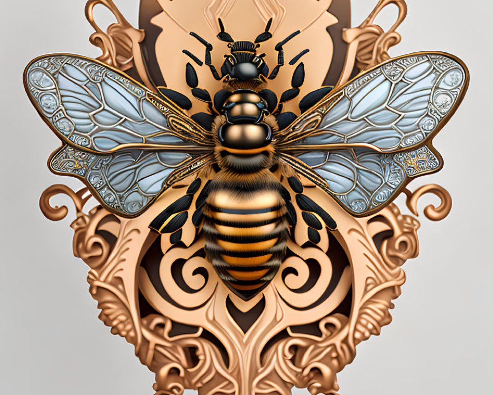 Detailed digital illustration of a bee with translucent wings on ornate, warm-toned background