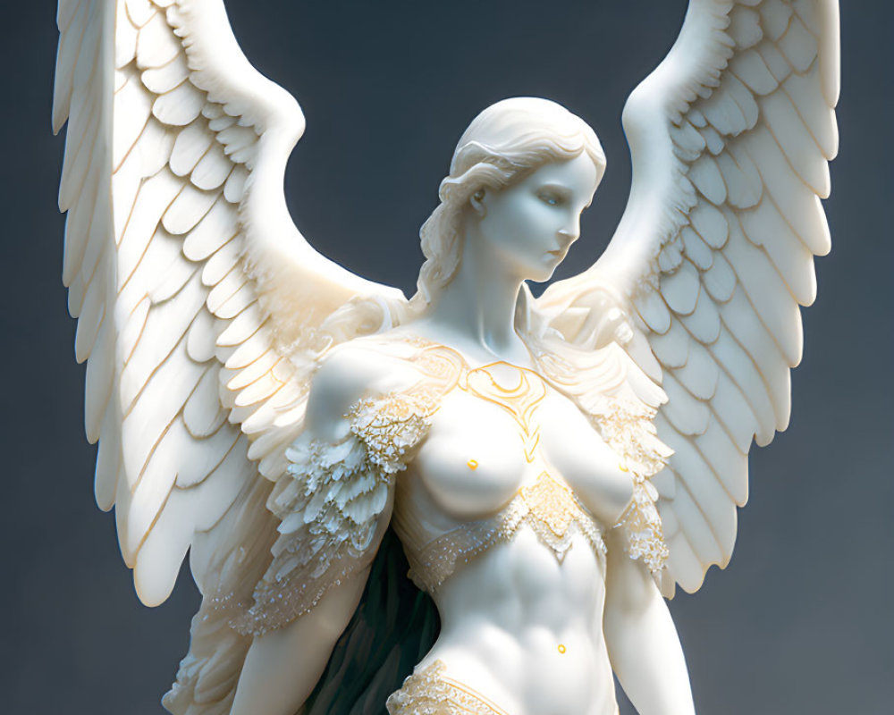 Ethereal angel statue with intricate garments and wings on grey background